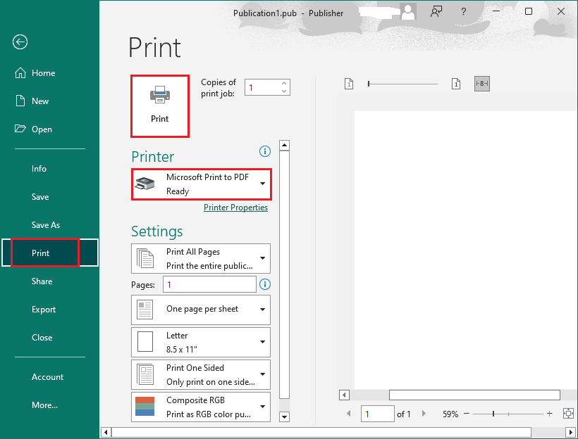 print PUB file as PDF