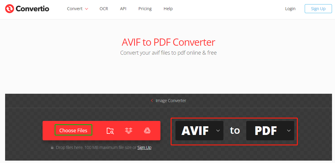 convert AVIF to PDF with Convertio