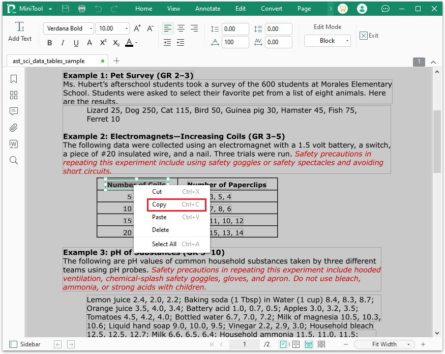 copy the data from PDF