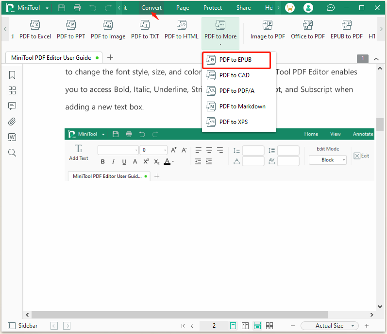 click PDF to EPUB using MiniTool
