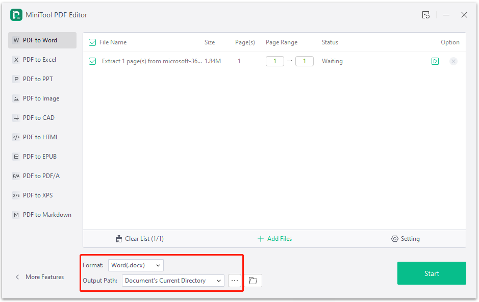 Select the file format and output path