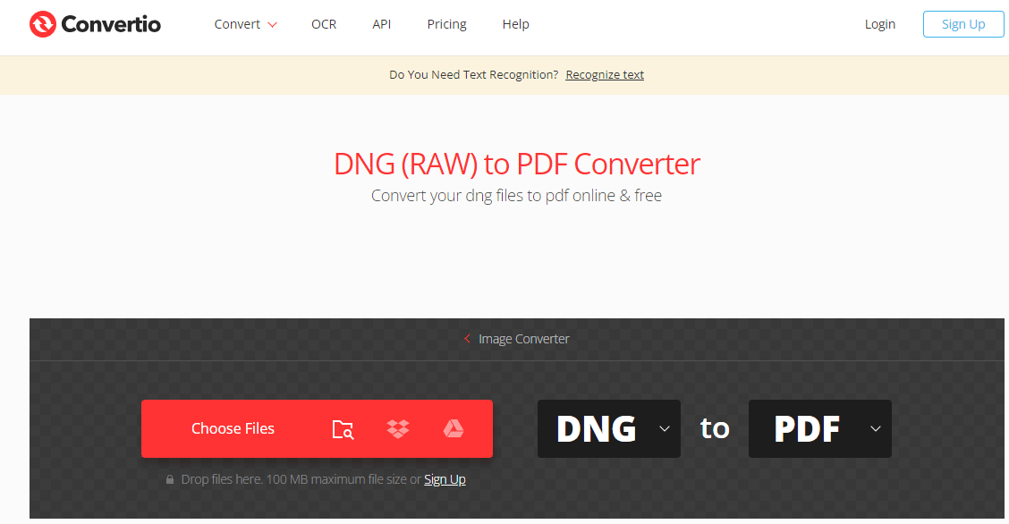 convert DNG to PDF with Convertio