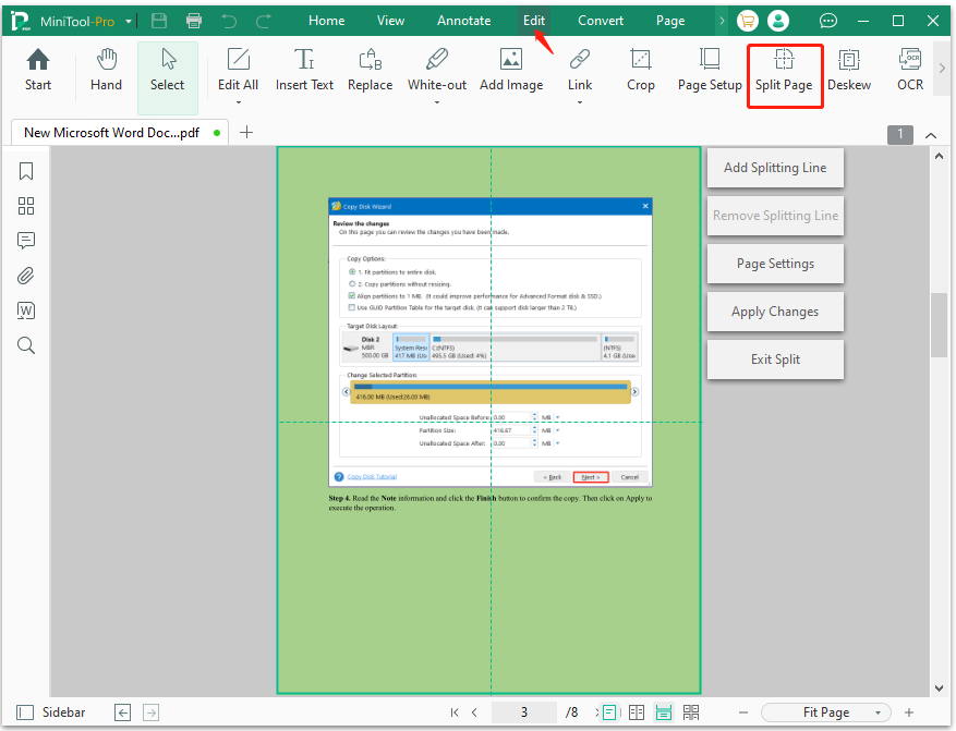 click Split Page on MiniTool