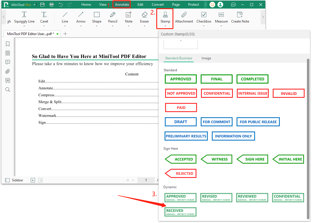 choose a dynamic stamp from the drop-down menu