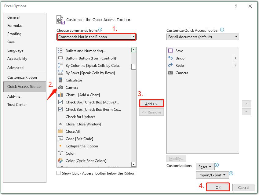 enable Camera in Excel