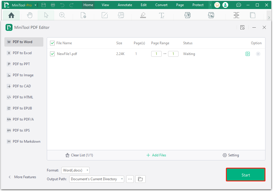 click Start to start the PDF to Word
