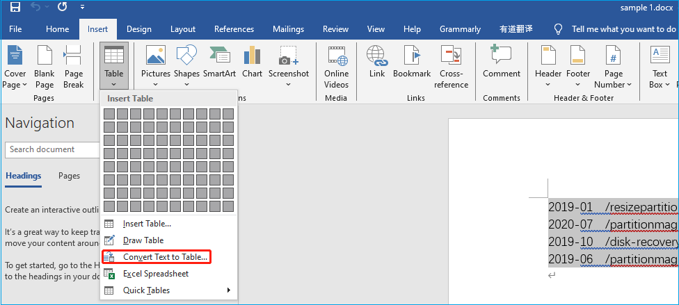 convert text to table