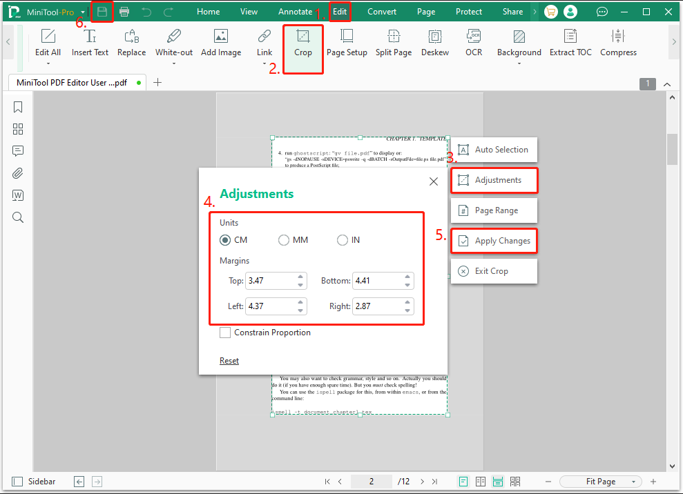 use the Crop feature to adjust margins