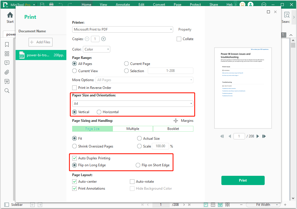 print PDF on long edge or short edge