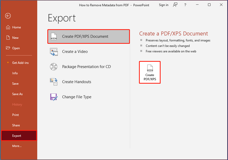 click Create PDF or XPS