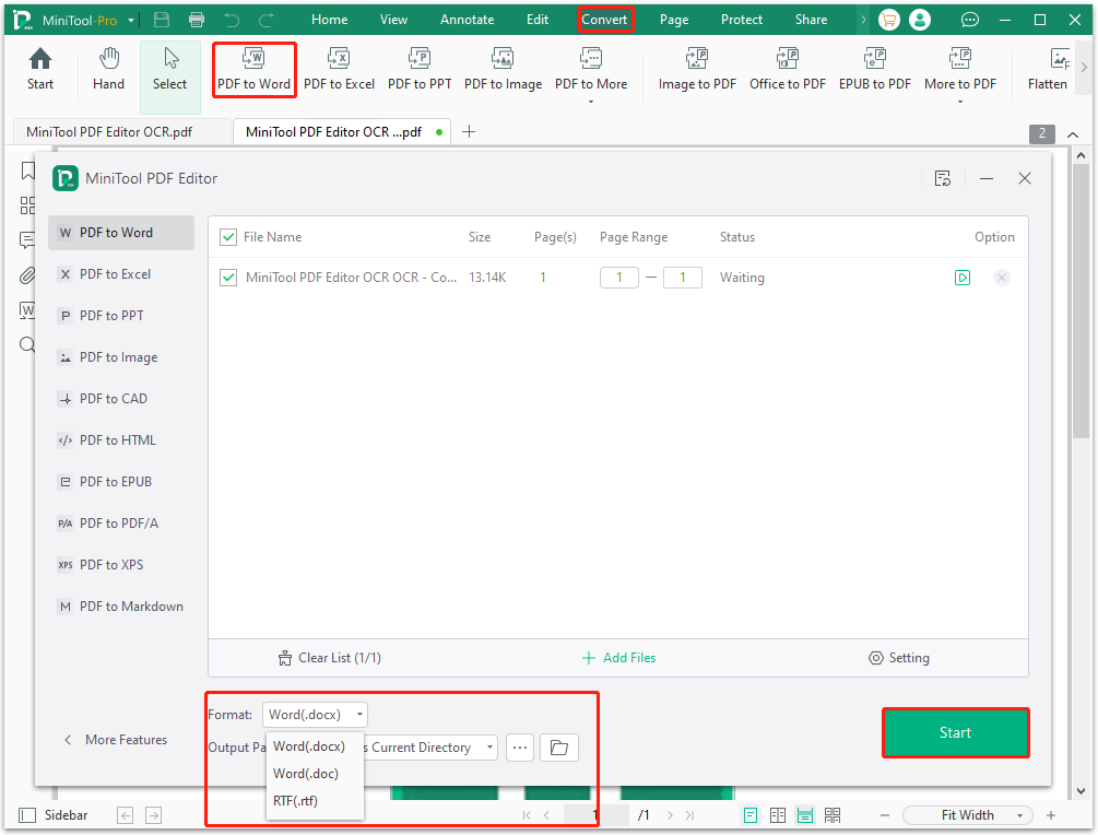 convert PDF to Word using MiniTool
