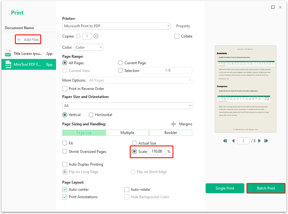 click Batch Print to print multiple zoomed PDFs