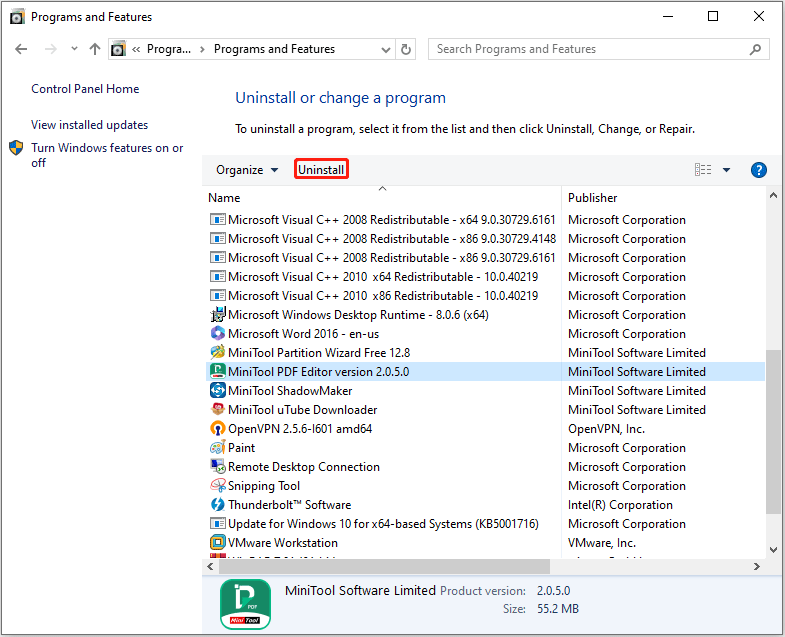 uninstall PDF software in Control Panel