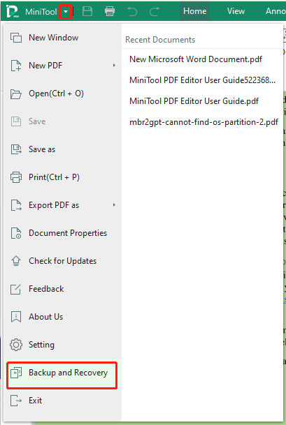 select backup and recovery on MiniTool PDF Editor