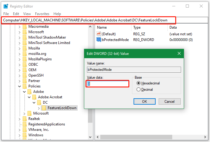 disable Protected Mode Adobe using Registry Editor