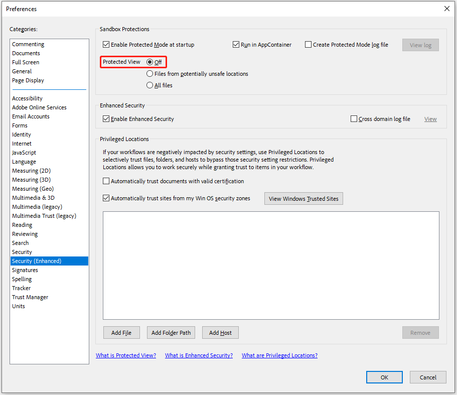 disable the Protected View mode