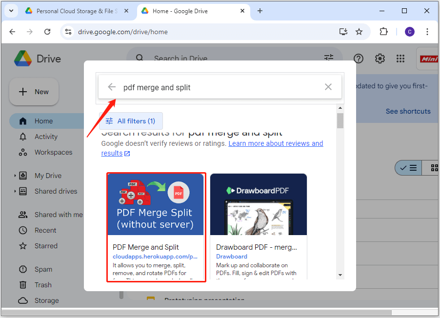 select PDF Merge and Split from the search result