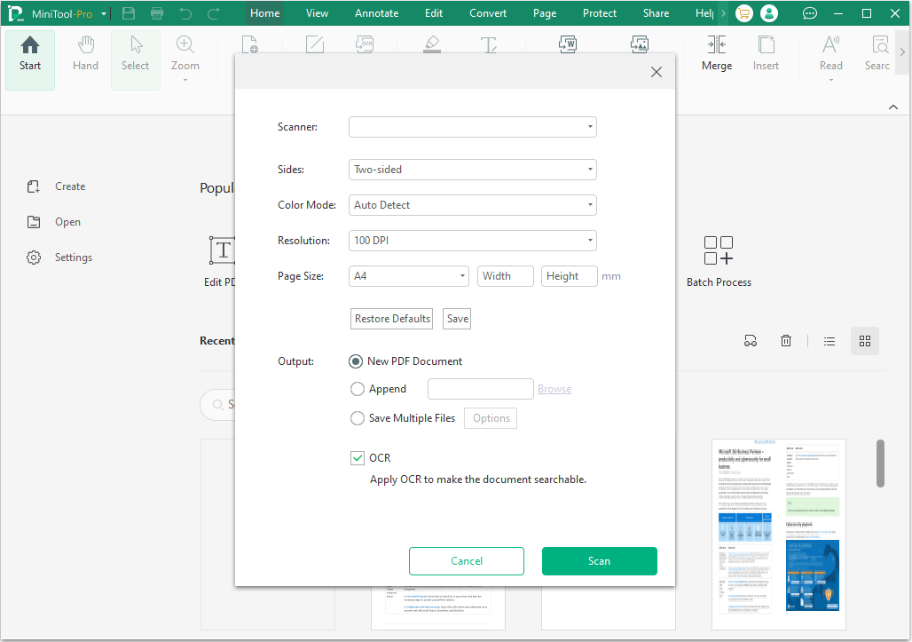 MiniTool PDF Editor edit the scanning settings