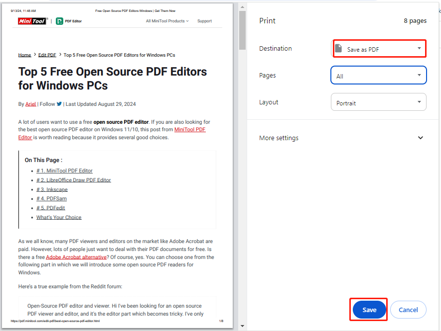 save webpage as PDF by printing