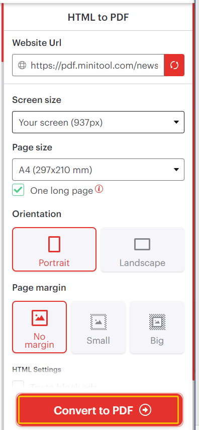 convert HTML to PDF using iLovePDF