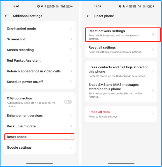 reset network settings on Android