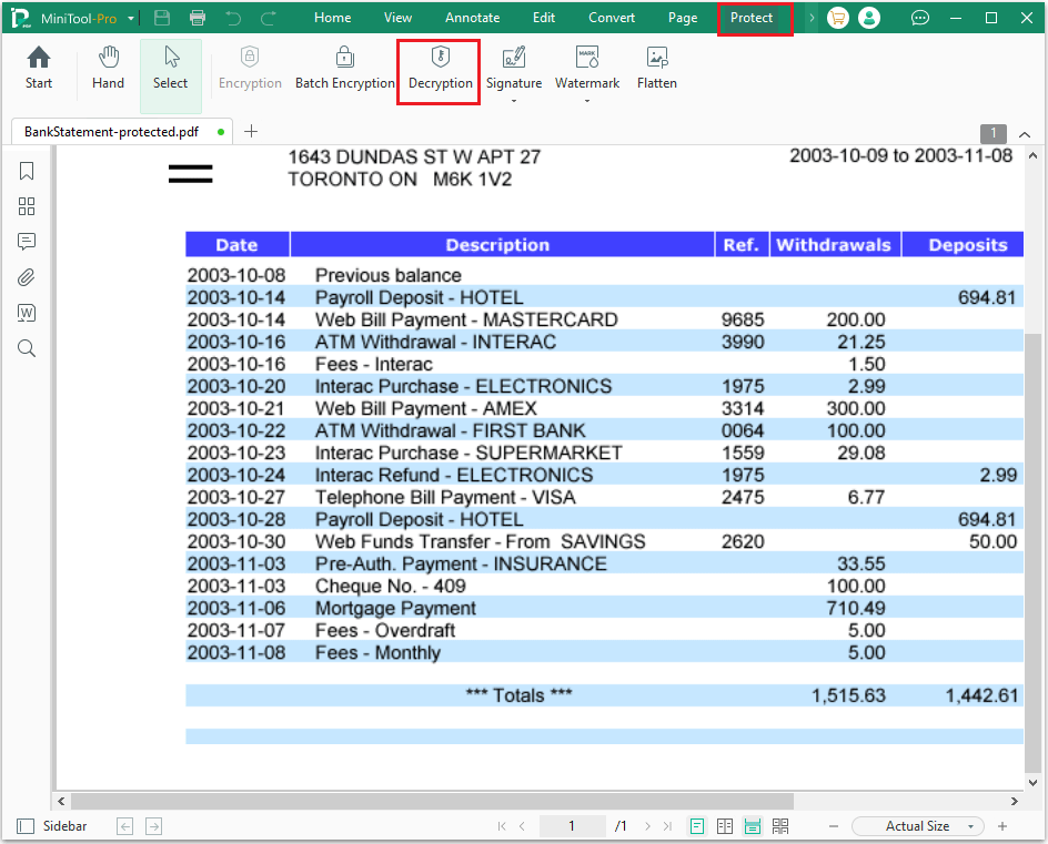 use the Decryption feature of MiniTool PDF Editor