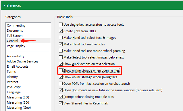 disable online storage Acrobat
