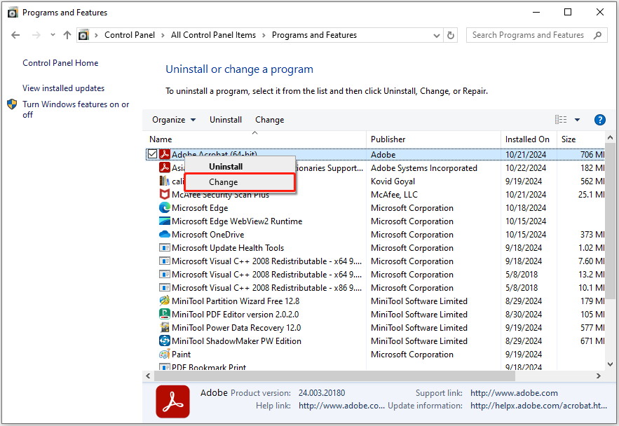 right-click Adobe Acrobat and select Change