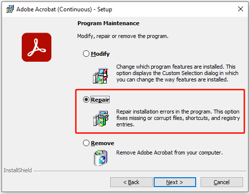 select Repair in the Adobe Acrobat (Continuous) – Setup window