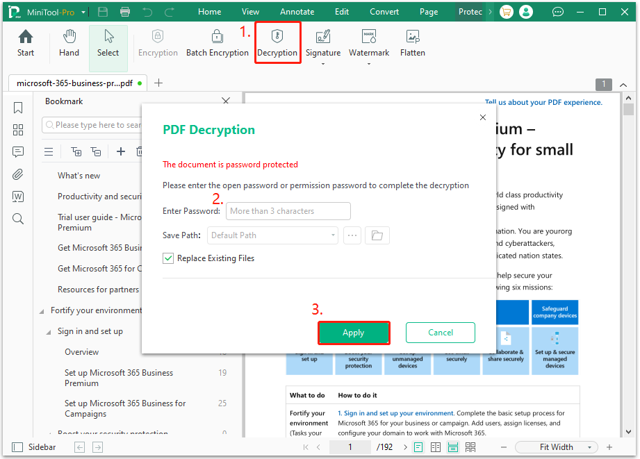 click the Decryption option to decrypt the protected PDF file in MiniTool PDF Editor