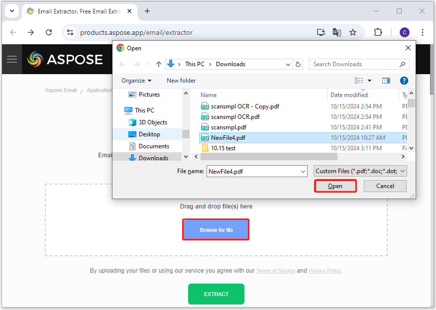 upload PDF file to the Aspose Email Extractor official website