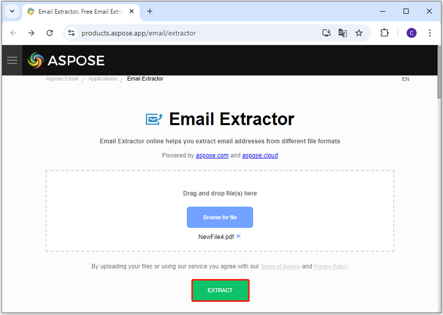 click the Extract button on the Aspose Email Extractor official website