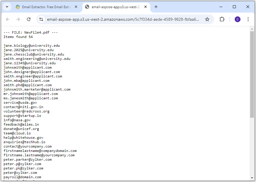 Aspose Email Extractor lists all the emails on one page