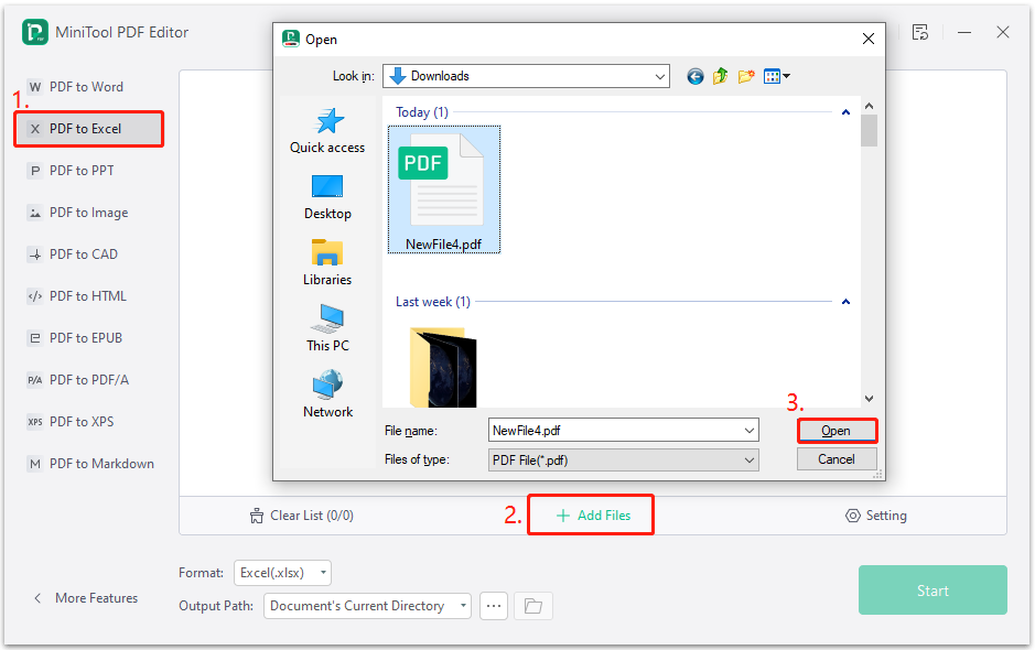 go to the PDF to Excel page and add the target PDF in the MiniTool PDF Editor conversion list