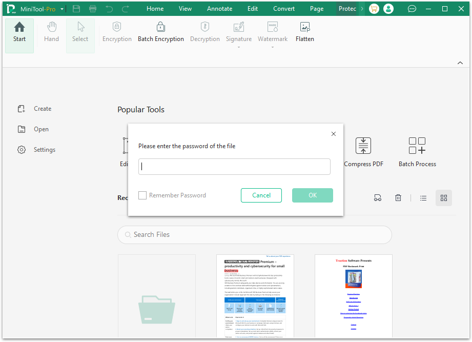 enter the right password to open the encrypted PDF file in MiniTool PDF Editor