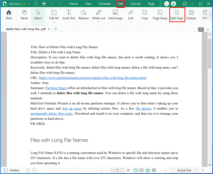 navigate to the Split Page option in MiniTool PDF Editor