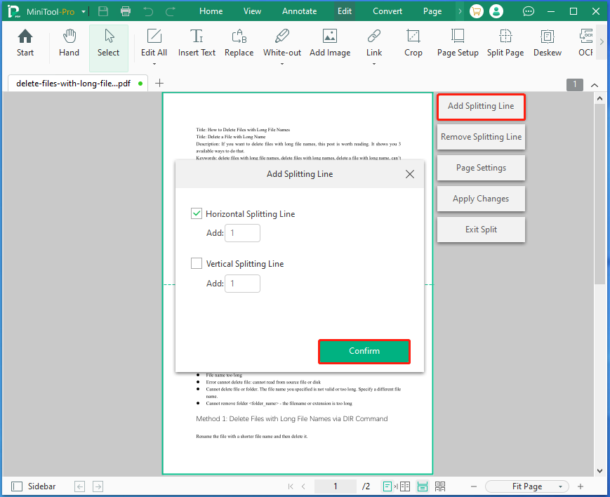 add splitting line and confirm the operation MiniTool PDF Editor