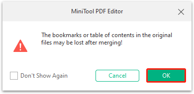 click OK to continue merging PDF files in MiniTool PDF Editor