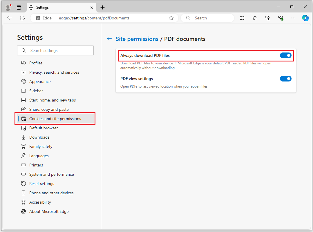 toggle on the Always download PDF files