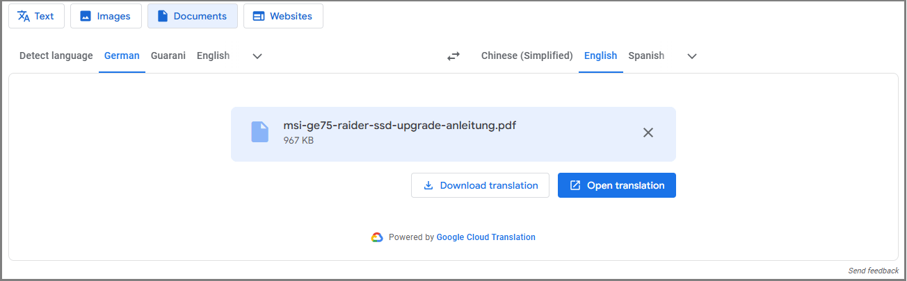 Google Translate Documents German to English