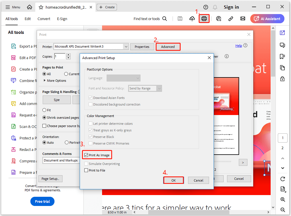 enable the Print As Image option in Adobe Acrobat