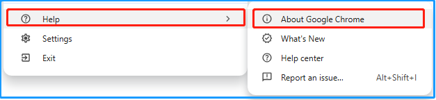 select About Google Chrome from the sub-menu of Help