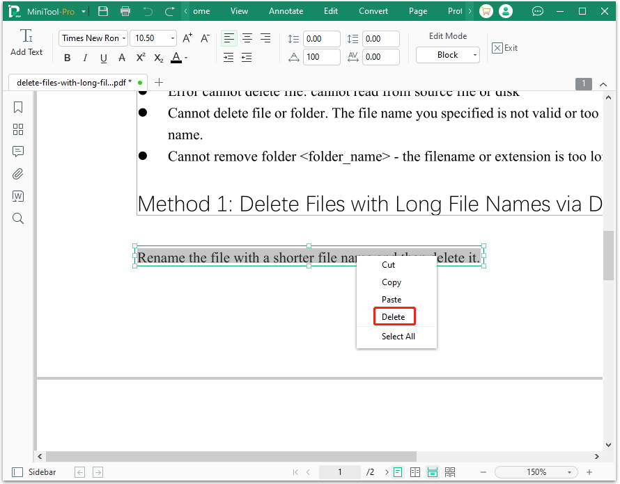 delete unwanted text in MiniTool PDF Editor
