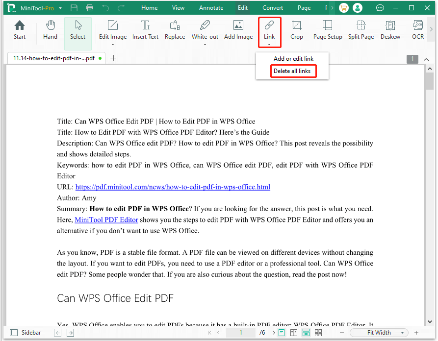 MiniTool PDF Editor deletes all links