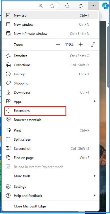 select Extensions from the drop-down menu