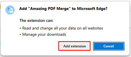 click Add extension to confirm install Amazing PDF Merge add-on