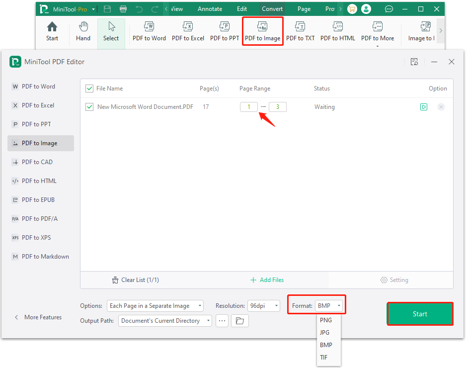 convert PDF to BMP using MiniTool PDF Editor