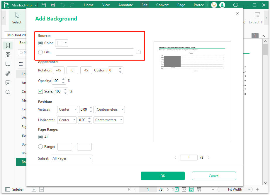 choose the set single color or a file as the PDF background