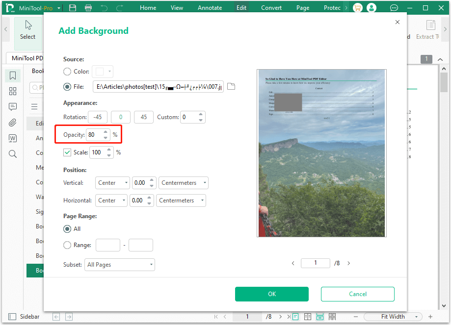 adjust the value of Opacity in Add Background window