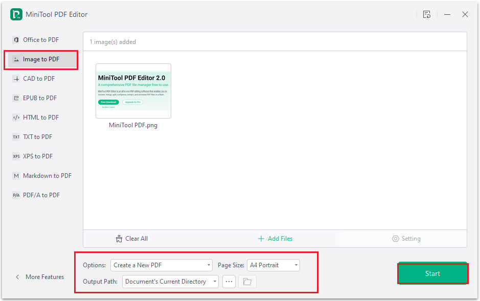 click Start button to convert image to PDF